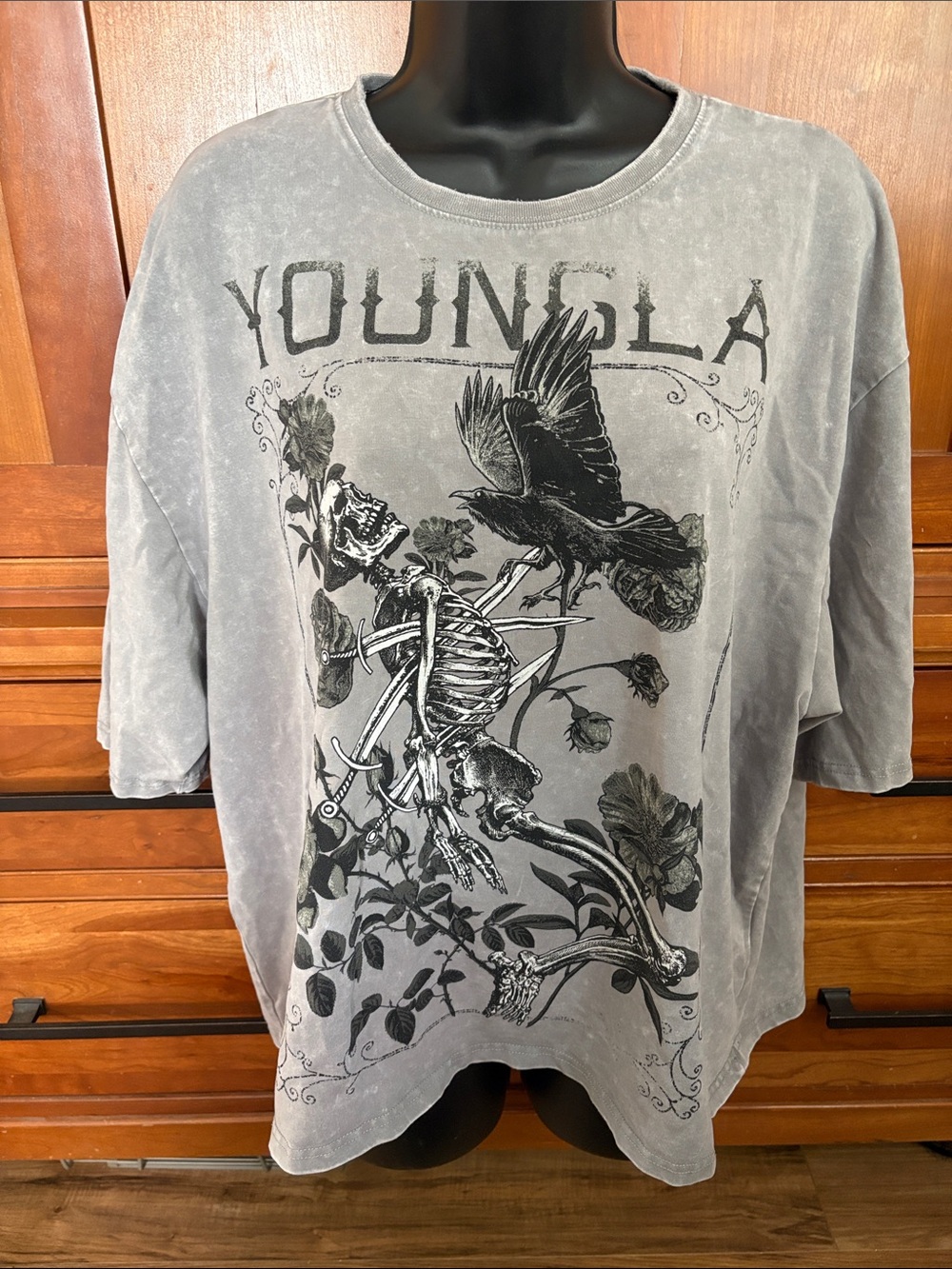 YoungLA Gray Long Sleeve Skeleton & Raven Graphic Tee oversized unisex